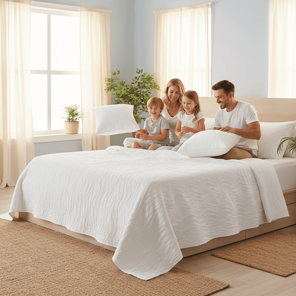 Family enjoying allergy-free comfort with a down alternative comforter