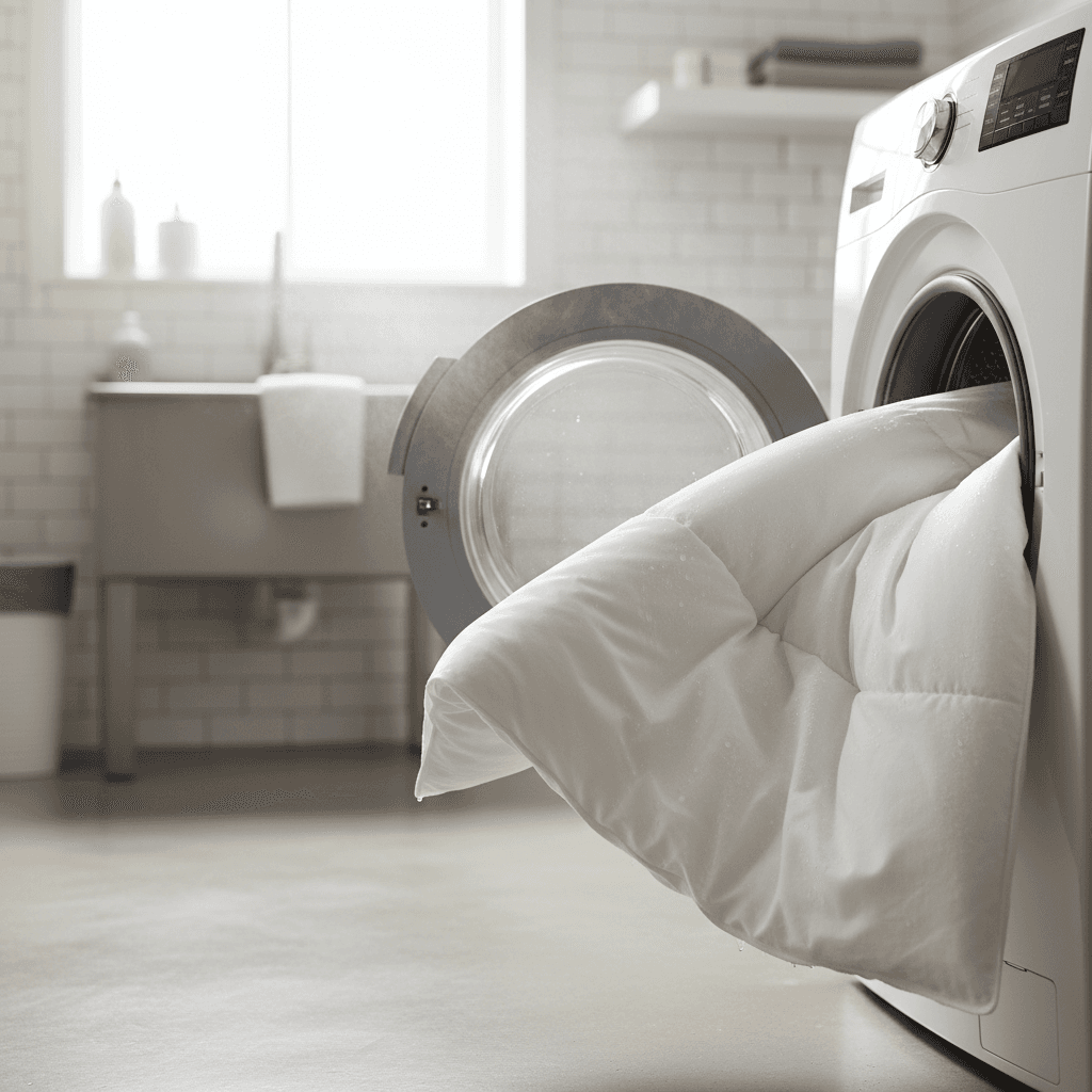 Clean white comforter coming out of washing machine