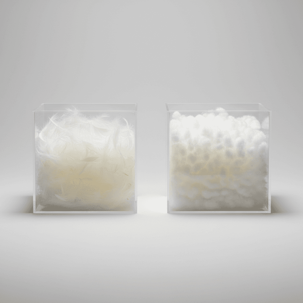Side by side comparison of down feathers and synthetic alternative filling